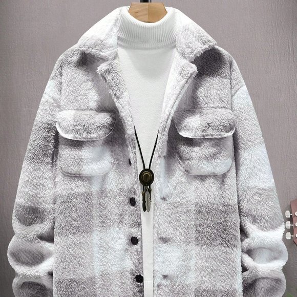 Light Grey Preppy Mens Buffalo Plaid Pattern Flap Pocket Coat - Picture 2 of 5